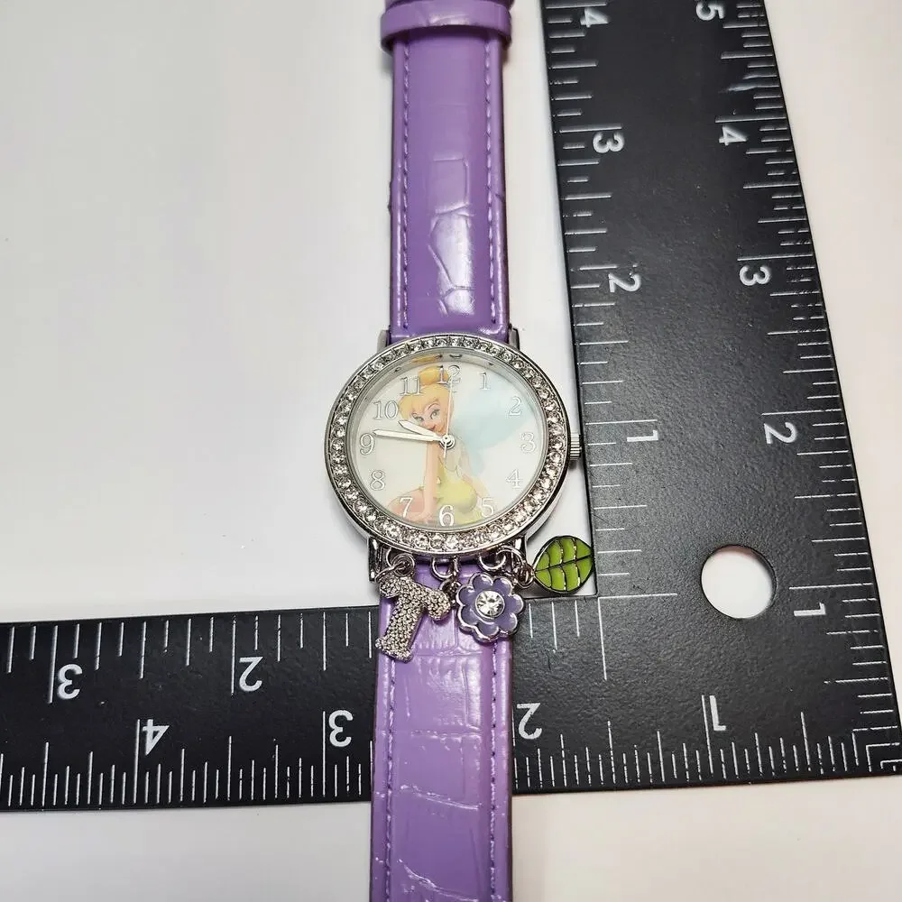 Disney Tinker Bell Charm Watch Purple Strap Rhinestone Bezel